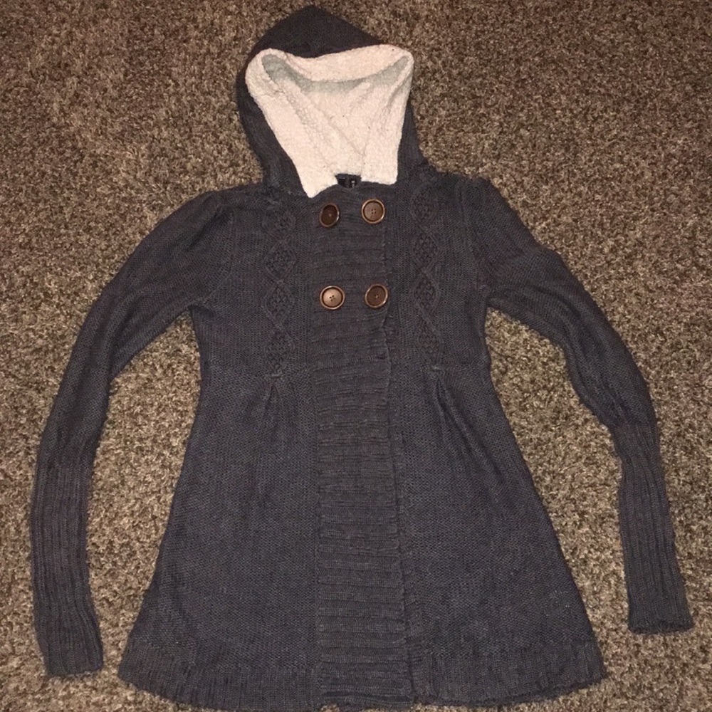Adorable light hooded charcoal gray sweater. Med